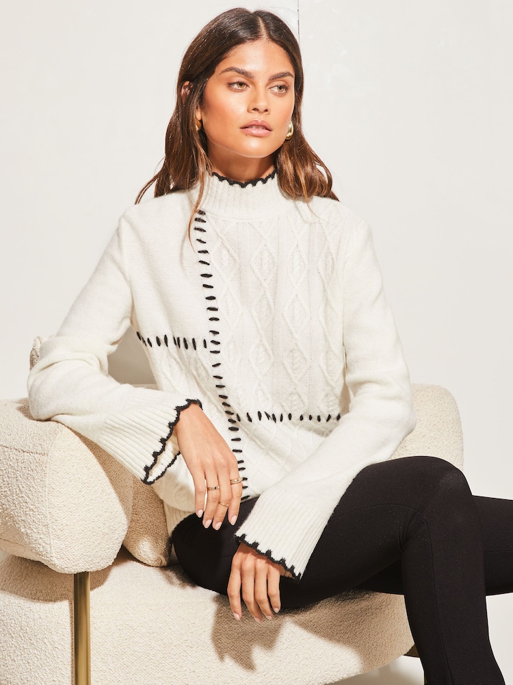 Lipsy Ivory White Whipstitch High Neck Flute Sleeve Knitted Jumper - Image 1 of 4 Lipsy Ivory White Whipstitch High Neck Flute Sleeve Knitted Jumper - Image 1 of 4