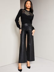 Lipsy Black Long Sleeve Lace Yoke High Neck Rib Jumper - Image 1 of 3