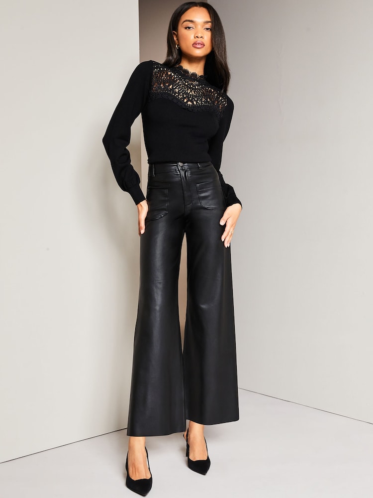 Lipsy Black Long Sleeve Lace Yoke High Neck Rib Jumper - Image 1 of 3