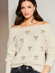 Lipsy Pink1 Cosy Sequin Embellished Off The Shoulder Jumper - Image 1 of 3