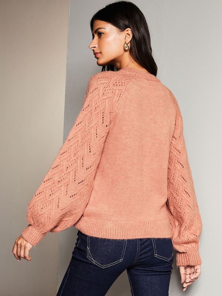 Lipsy Pink Pointelle Long Puff Sleeve Cosy Knitted Jumper - Image 2 of 4