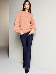 Lipsy Pink Pointelle Long Puff Sleeve Cosy Knitted Jumper - Image 3 of 4
