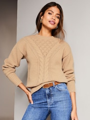 Lipsy Camel Cosy Pointelle Cable Knitted Jumper - Image 1 of 4