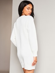 Lipsy Ivory White Petite Cosy Pointelle Crew Neck Knitted Jumper Dress - Image 2 of 4