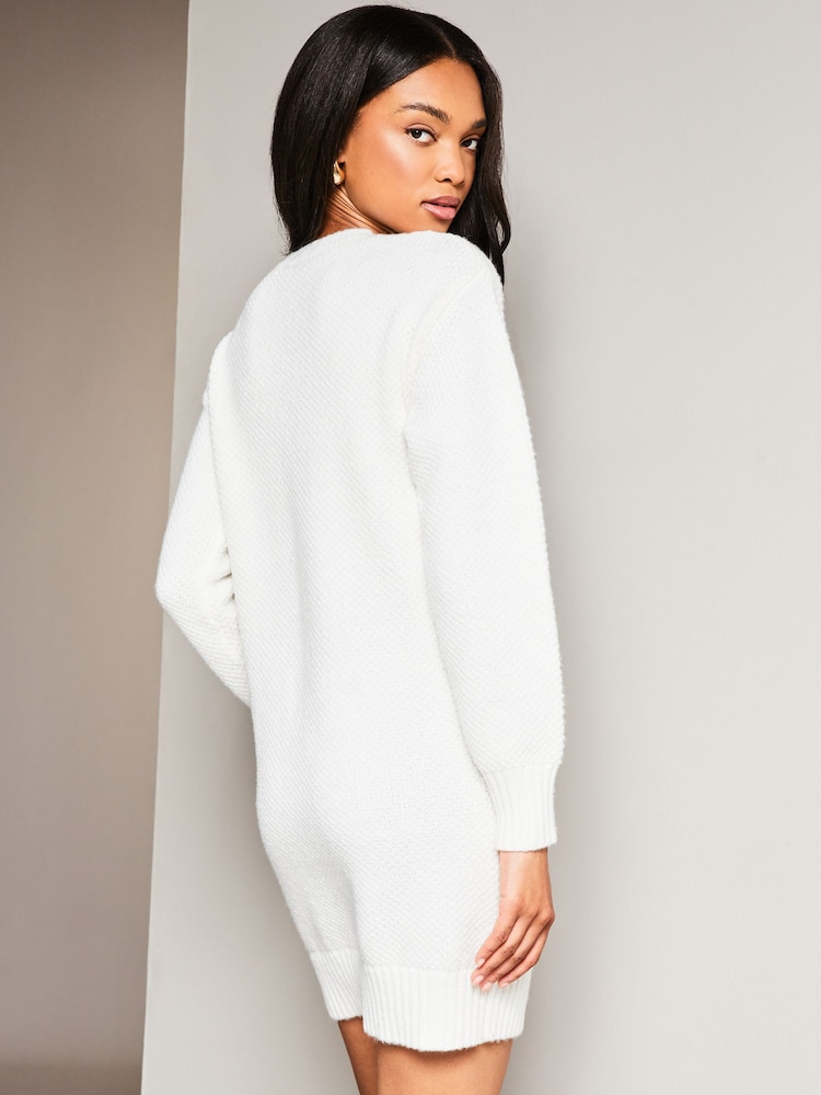Lipsy Ivory White Petite Cosy Pointelle Crew Neck Knitted Jumper Dress - Image 2 of 4