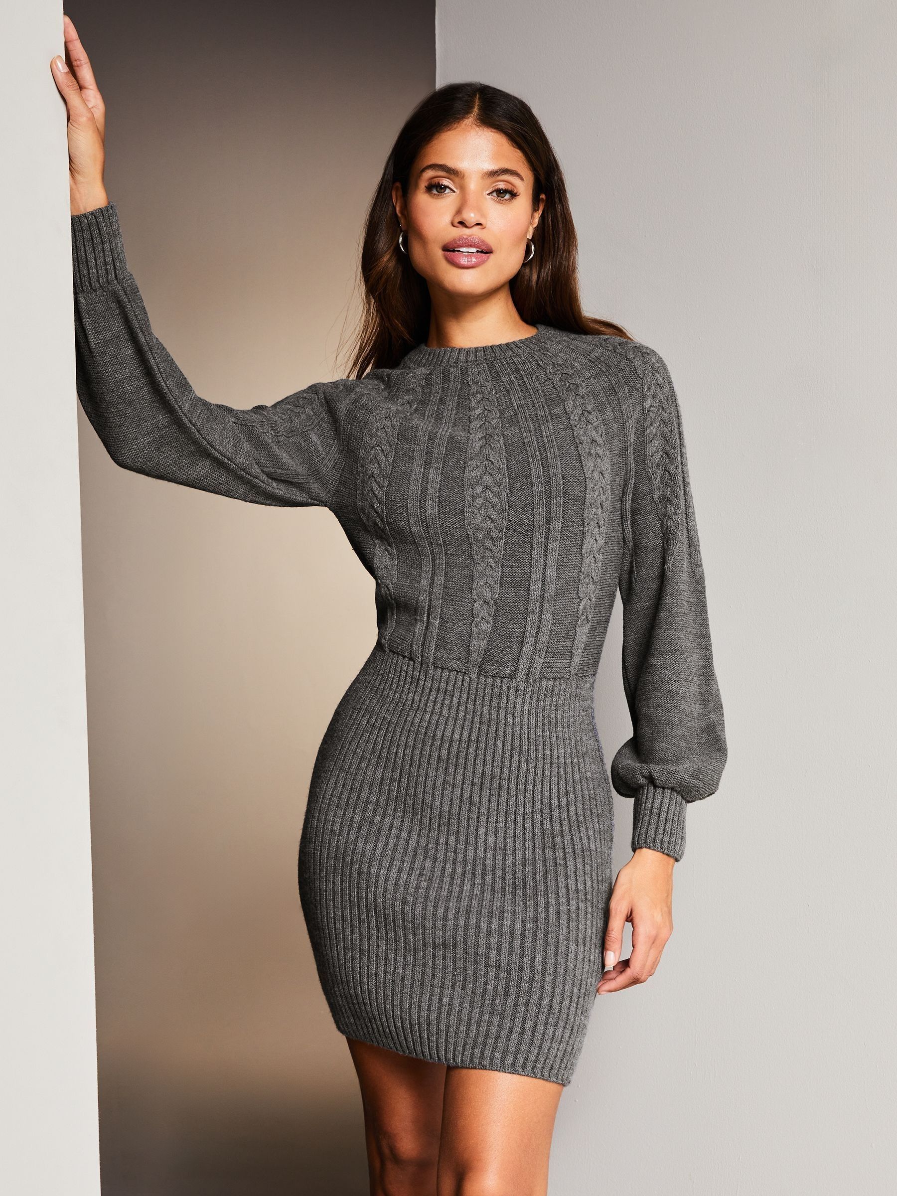 Lipsy Grey Petite Blouson Sleeve Cable Knitted Crew Neck Jumper Dress