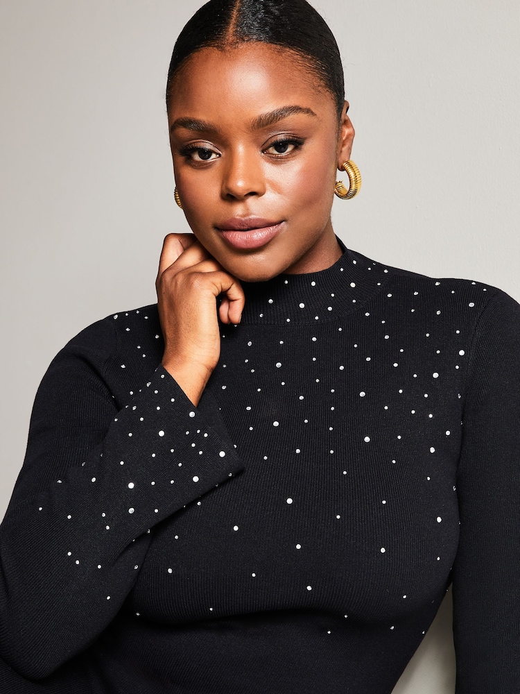 Lipsy Black Curve Long Sleeve Ombre Hot Fix Knitted Dress - Image 4 of 4