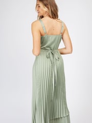 Little Mistress Sage Green Satin Layered Pleat Midi Dress - Image 2 of 4