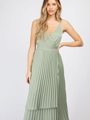 Little Mistress Sage Green Satin Layered Pleat Midi Dress - Image 3 of 4