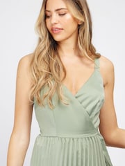 Little Mistress Sage Green Satin Layered Pleat Midi Dress - Image 4 of 4