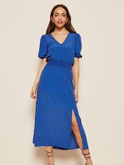 Friends Like These Cobalt Blue Puff Sleeve Ruched Waist V Neck Midi Summer Dress - Image 1 of 4