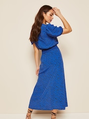 Friends Like These Cobalt Blue Puff Sleeve Ruched Waist V Neck Midi Summer Dress - Image 2 of 4