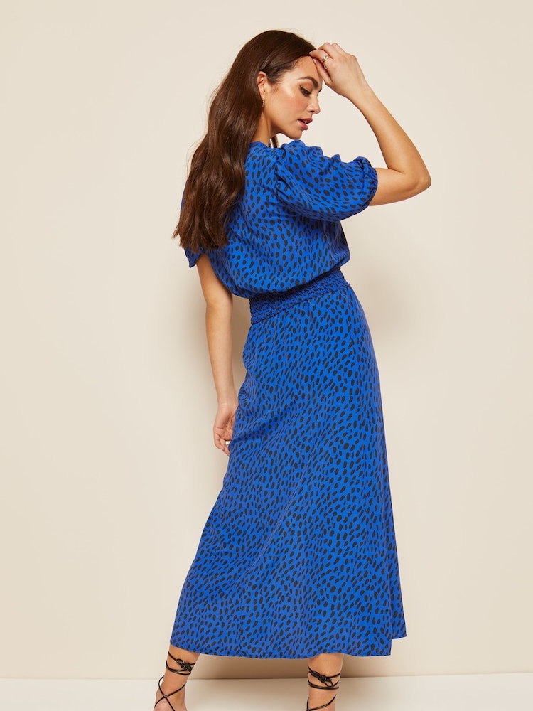 Friends Like These Cobalt Blue Puff Sleeve Ruched Waist V Neck Midi Summer Dress - Image 2 of 4