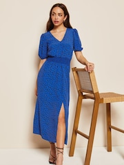Friends Like These Cobalt Blue Puff Sleeve Ruched Waist V Neck Midi Summer Dress - Image 3 of 4