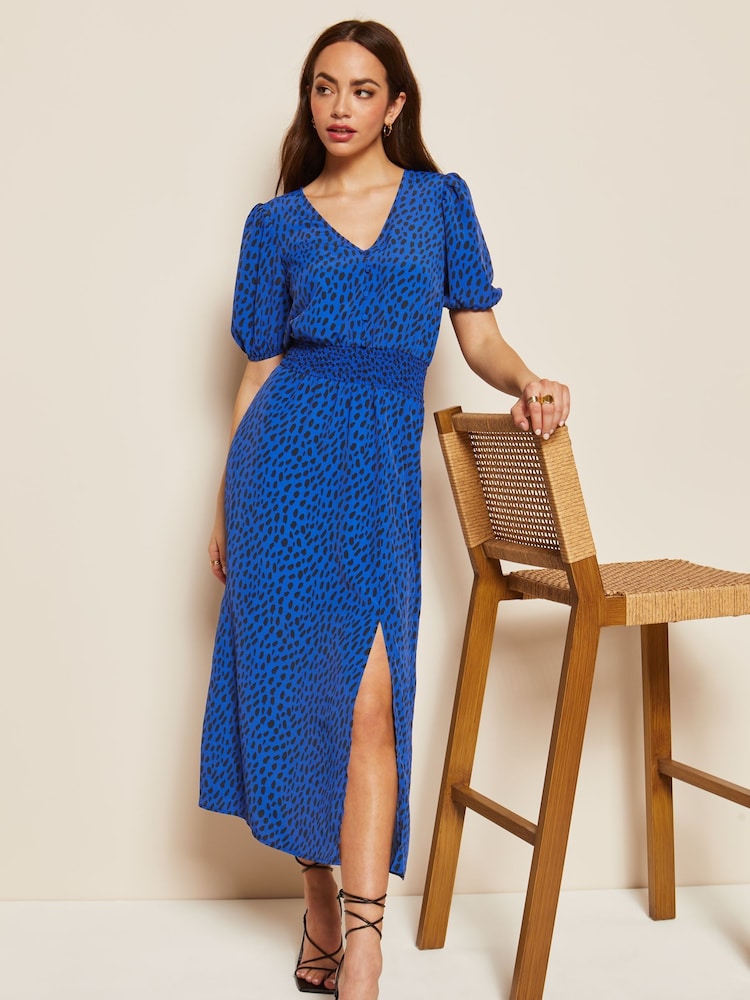 Friends Like These Cobalt Blue Puff Sleeve Ruched Waist V Neck Midi Summer Dress - Image 3 of 4