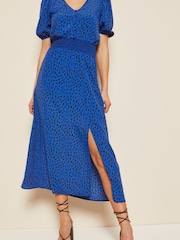 Friends Like These Cobalt Blue Puff Sleeve Ruched Waist V Neck Midi Summer Dress - Image 4 of 4