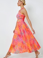 Dusk Pink & Orange Multi Spot Print Pleated Halter Neck Dress - Image 1 of 5