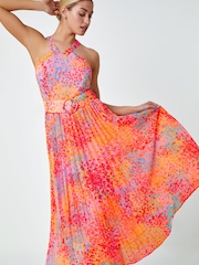 Dusk Pink & Orange Multi Spot Print Pleated Halter Neck Dress - Image 2 of 5