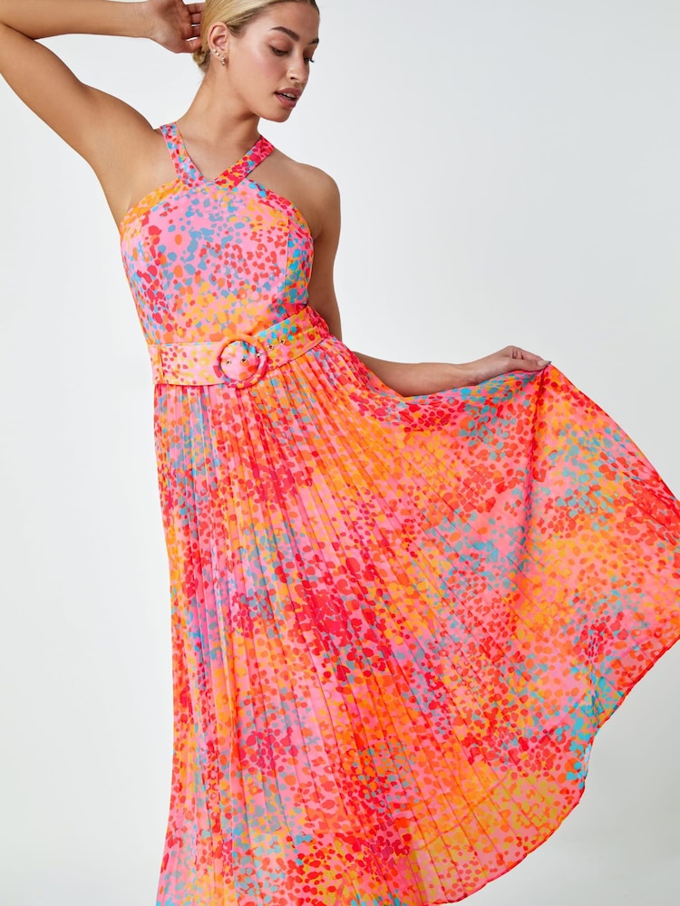 Dusk Pink & Orange Multi Spot Print Pleated Halter Neck Dress - Image 2 of 5