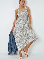 Dusk White Multi Floral Print Shirred Stretch Maxi Dress - Image 1 of 5