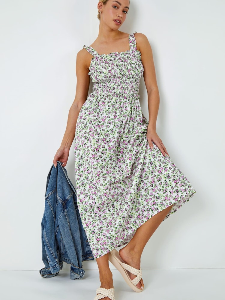 Dusk White Multi Floral Print Shirred Stretch Maxi Dress - Image 1 of 5