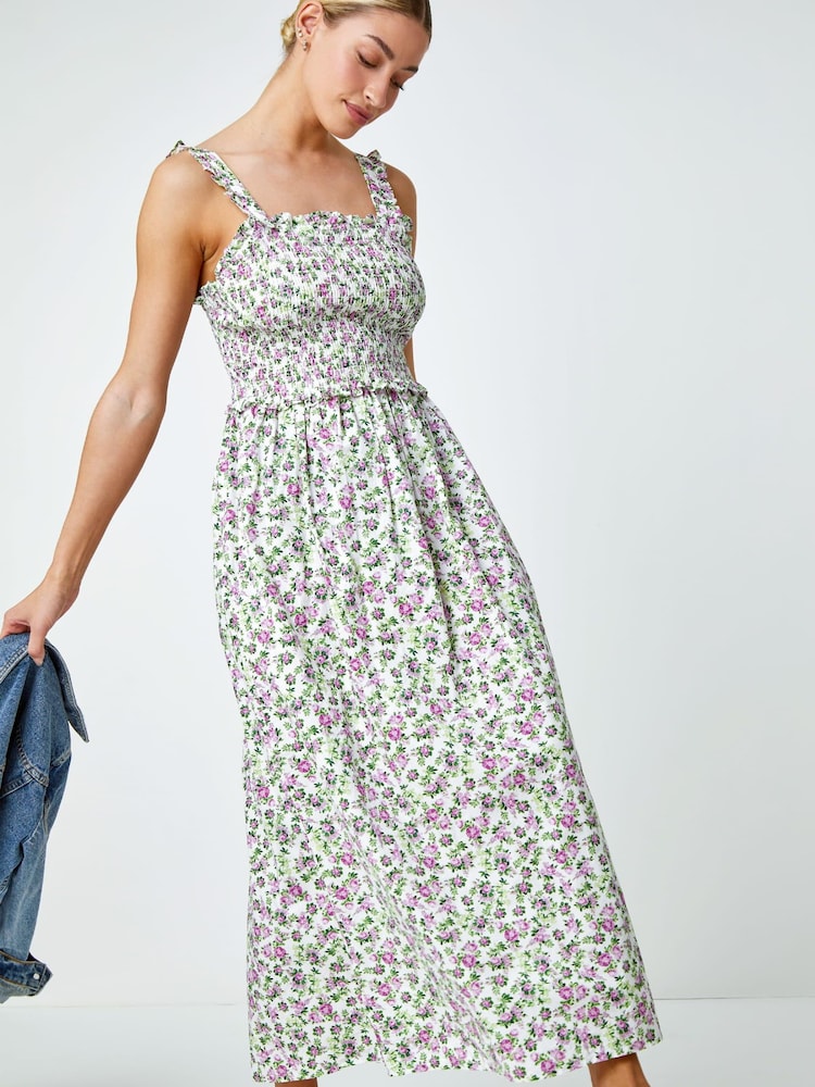 Dusk White Multi Floral Print Shirred Stretch Maxi Dress - Image 2 of 5