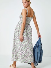Dusk White Multi Floral Print Shirred Stretch Maxi Dress - Image 3 of 5
