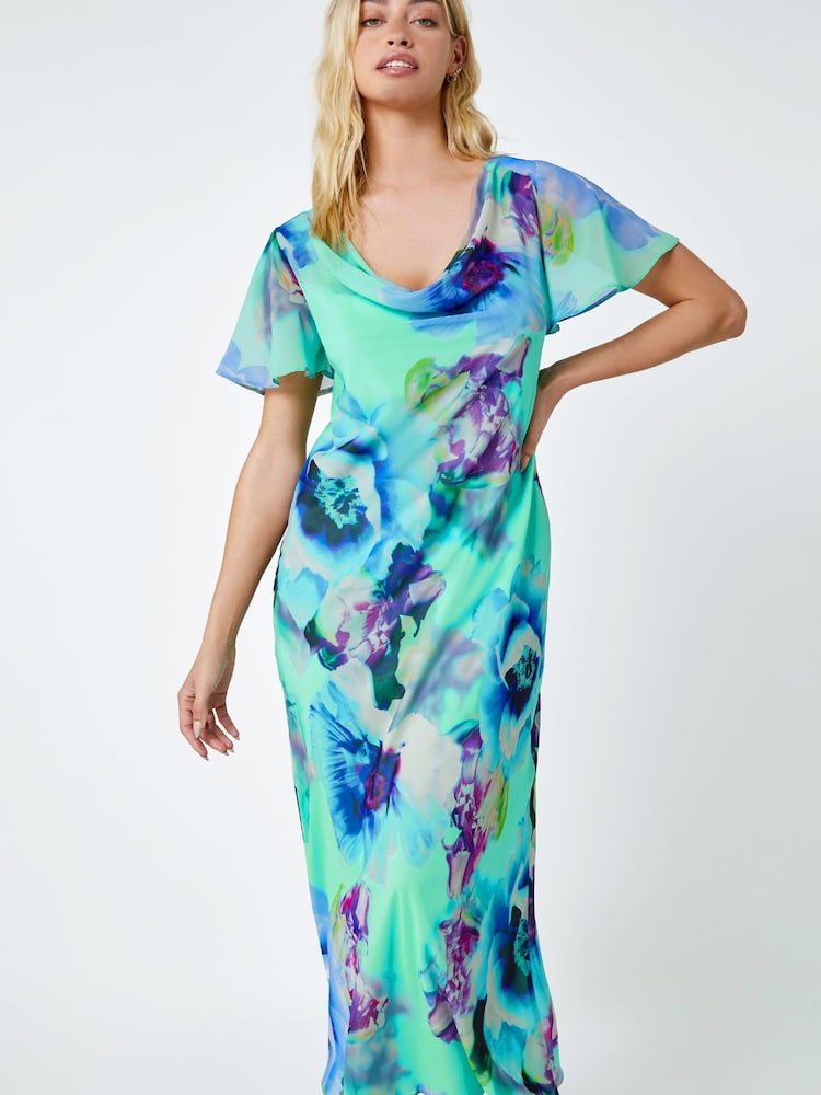 Dusk Blue Green & Purple Floral Print Cowl Neck Dress - Image 1 of 5