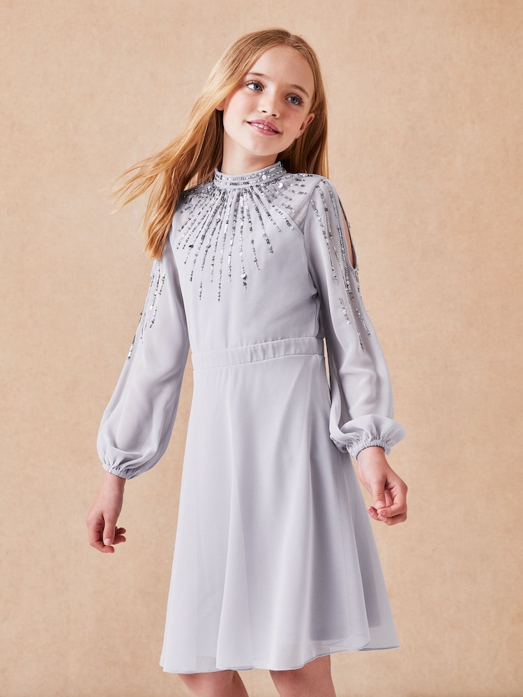 Lipsy Grey Long Sleeve Sequin Occasion Dress - Image 1 of 4