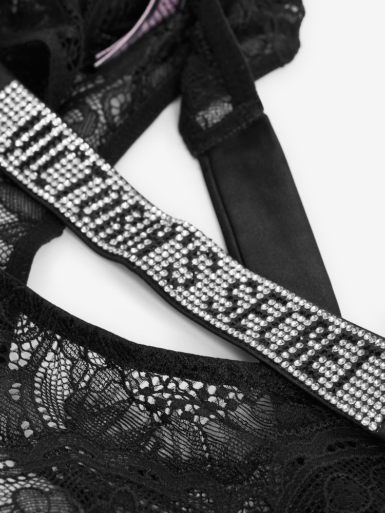 Victoria's Secret Black Lace Shine Strap Crotchless Brazilian Knickers - Image 6 of 6