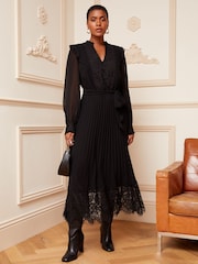 Love & Roses Black Petite Pleated Lace Hem Ruffle Long Sleeve Dress - Image 1 of 4