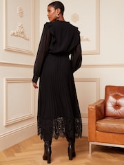 Love & Roses Black Petite Pleated Lace Hem Ruffle Long Sleeve Dress - Image 3 of 4