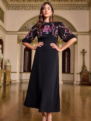 V&A | Love & Roses Black Embroidery Embroidered Puff Sleeve Midi Dress - Image 1 of 4