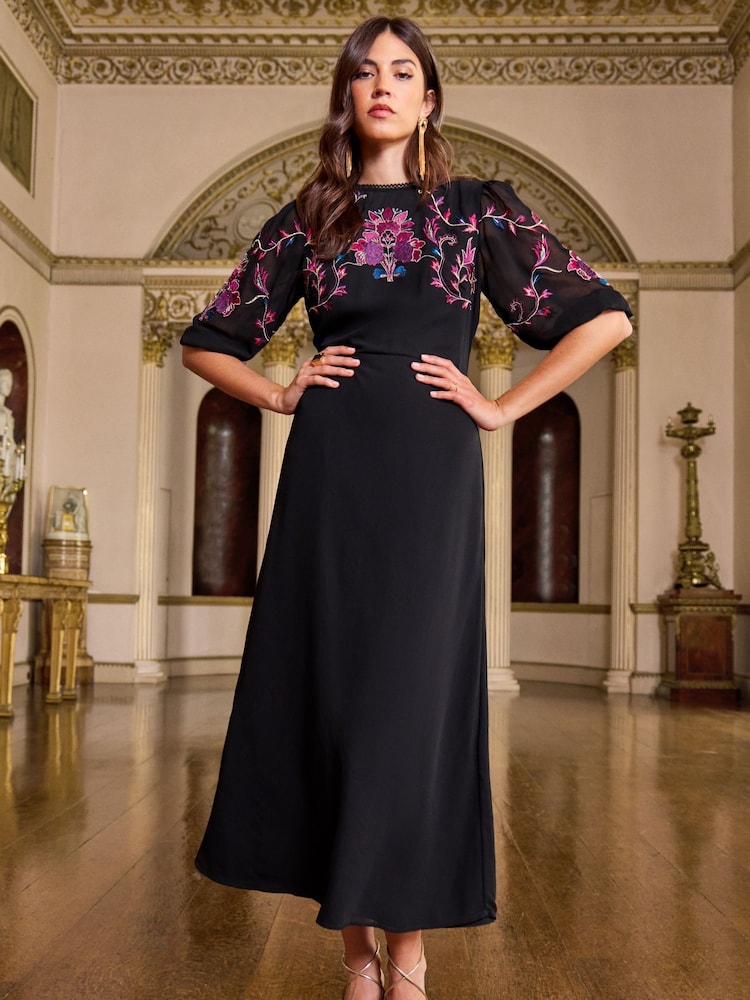 V&A | Love & Roses Black Embroidery Embroidered Puff Sleeve Midi Dress - Image 1 of 4