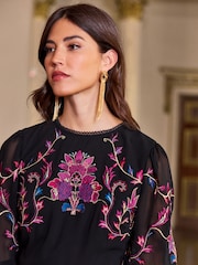 V&A | Love & Roses Black Embroidery Embroidered Puff Sleeve Midi Dress - Image 2 of 4