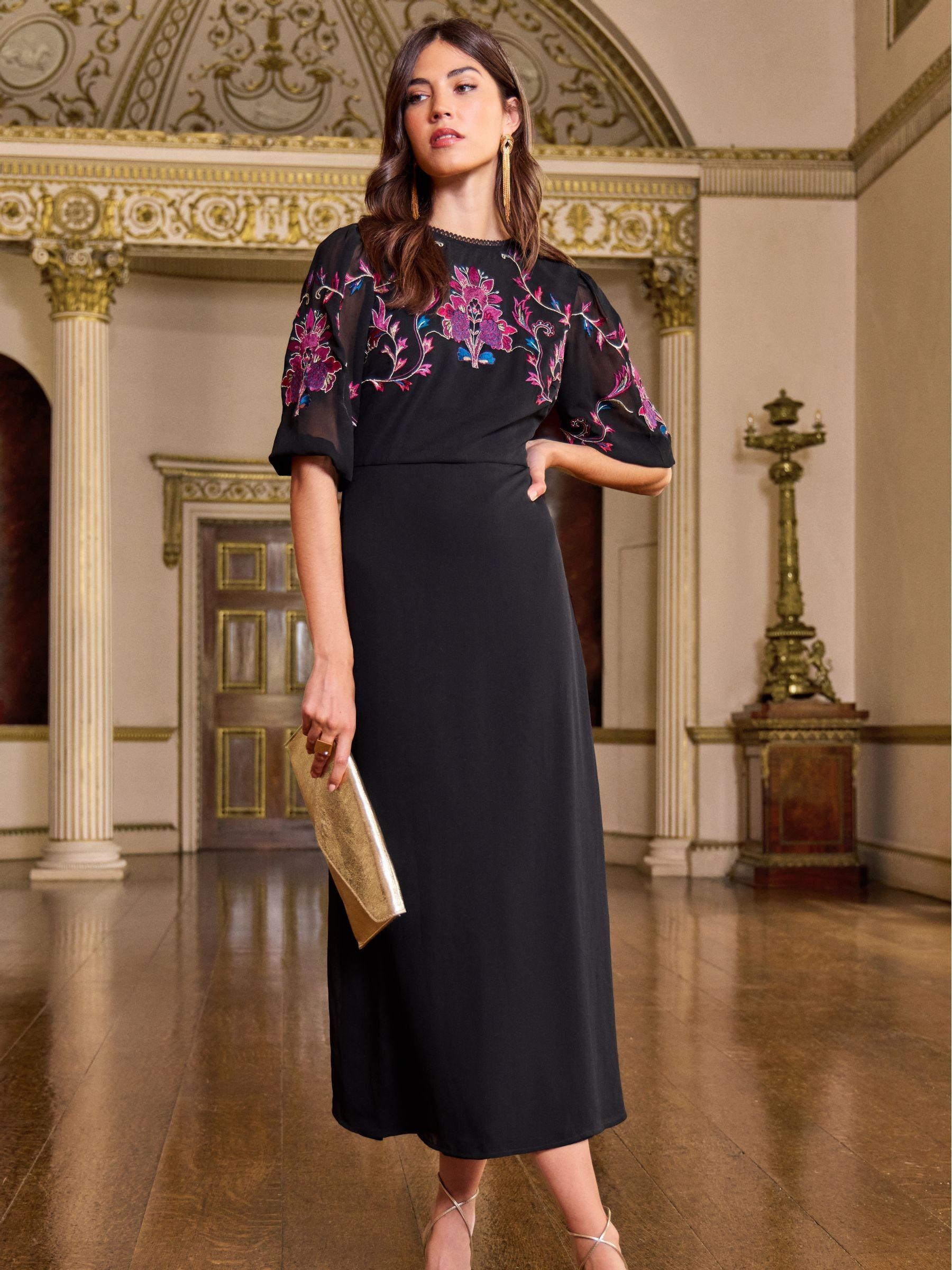 Buy V A Love Roses Black Embroidery Embroidered Puff Sleeve Midi Dress from Next Luxembourg