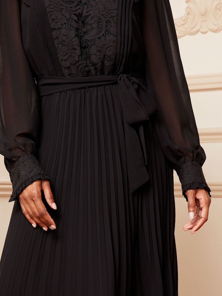 Love & Roses Black Pleated Lace Hem Ruffle Long Sleeve Dress - Image 4 of 4