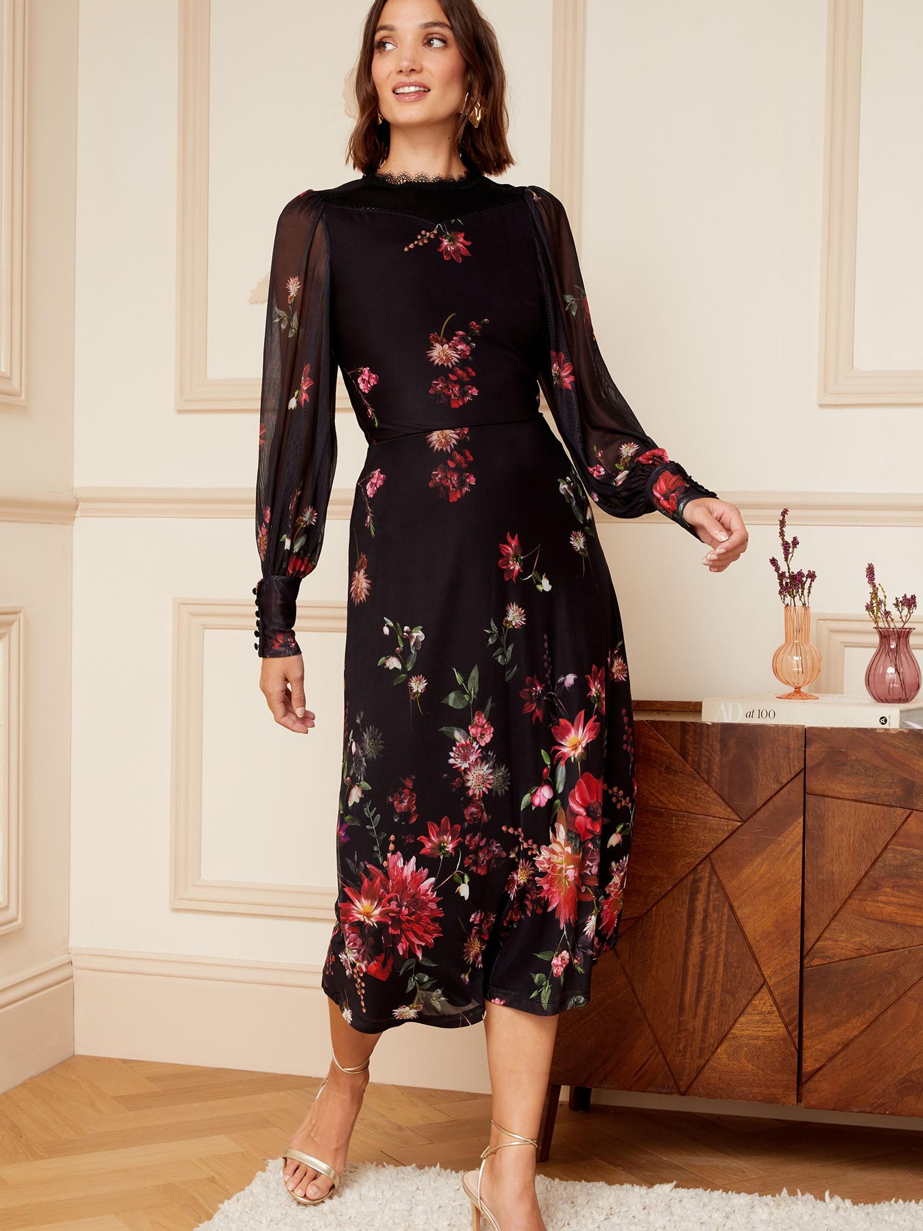 Buy Love & Roses Black Floral Mesh Long Sleeve Column Midi Dress from Next  Germany