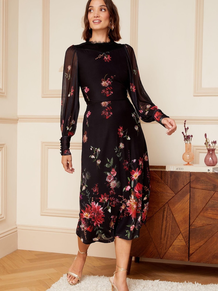 Love & Roses Black Floral Mesh Long Sleeve Column Midi Dress - Image 1 of 4