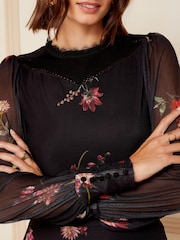 Love & Roses Black Floral Mesh Long Sleeve Column Midi Dress - Image 2 of 4