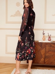 Love & Roses Black Floral Mesh Long Sleeve Column Midi Dress - Image 3 of 4