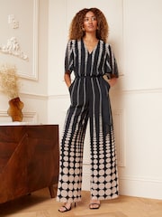 Love & Roses Bedruckter Overall V-Ausschnitt, Tulpenärmeln und mit weitem Bein - Bild 1 von 4
