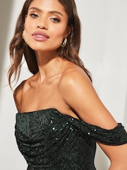 Lipsy Green Sequin Bardot Split Wrap Mini Dress - Image 4 of 4
