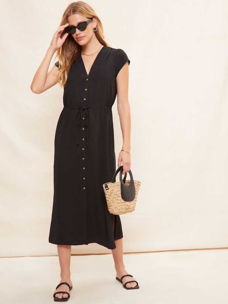 Friends Like These Black Button Through V Neck Short Sleeve Shirt Dress - Image 1 of 4 Friends Like These Black Button Through V Neck Short Sleeve Shirt Dress - Image 1 of 4