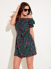 Pour Moi Green Woven Puff Sleeve Belted Bardot Dress - Image 1 of 5