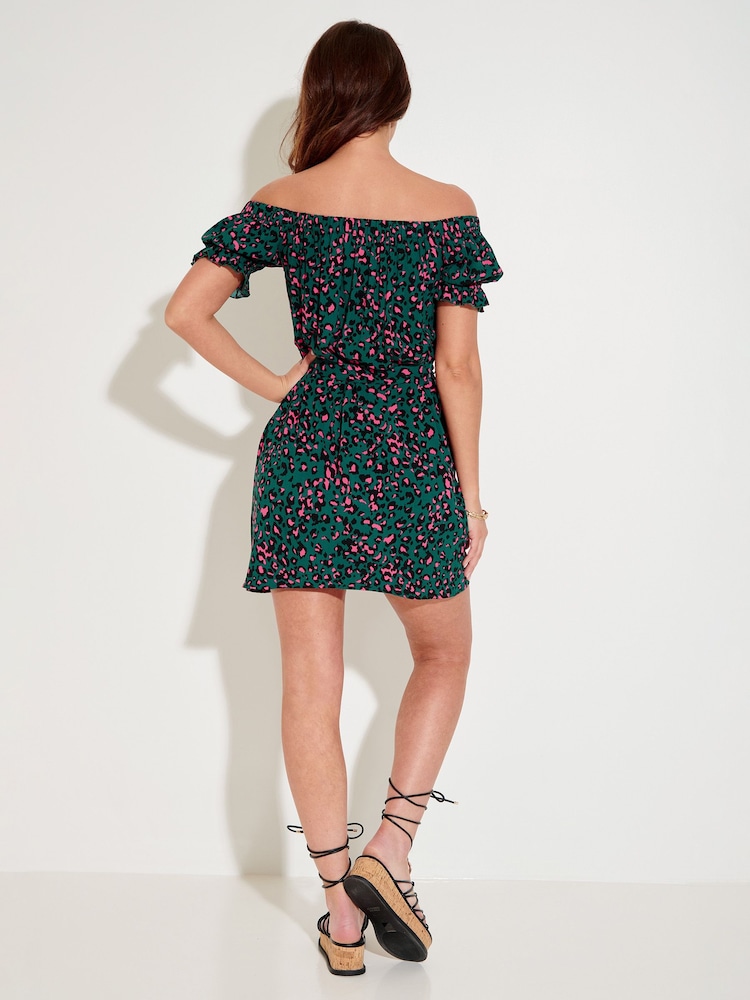 Pour Moi Green Woven Puff Sleeve Belted Bardot Dress - Image 2 of 5