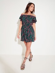 Pour Moi Green Woven Puff Sleeve Belted Bardot Dress - Image 3 of 5