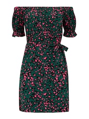 Pour Moi Green Woven Puff Sleeve Belted Bardot Dress - Image 4 of 5