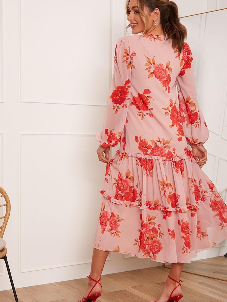 Chi Chi London Pink Chi Chi London Long Sleeve Floral Printed Midi Summer Dress - Image 2 of 5