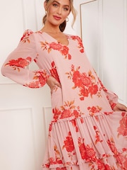 Chi Chi London Pink Chi Chi London Long Sleeve Floral Printed Midi Summer Dress - Image 3 of 5